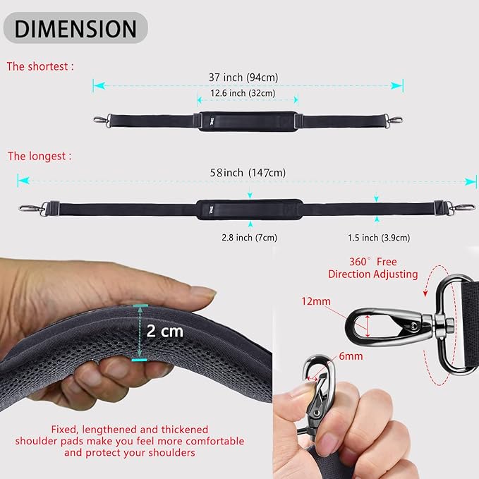 ZINZ Shoulder Strap 58" Ultra-Thick Fixed Padded and Adjustable Buckles Crossbody Strap for Briefcase Laptop Bag Luggage