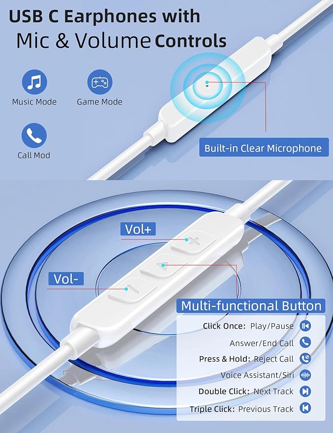 Open Ear USB C Headphones Wired Earbuds with Over Ear Hook for Samsung Galaxy S26 S25 Ultra S24 S23FE A17 A16,Type C Corded Headset with Mic Volume Control Earphone for iPhone 17 Pro Max 16 15