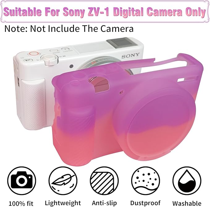 Easy Hood Camera Case for Sony ZV-1, Soft Silicone Cover Camera Sleeve Body Skin Protective Case with Removable Lens Cap for Sony ZV1 Digital Camera, Purple Pink