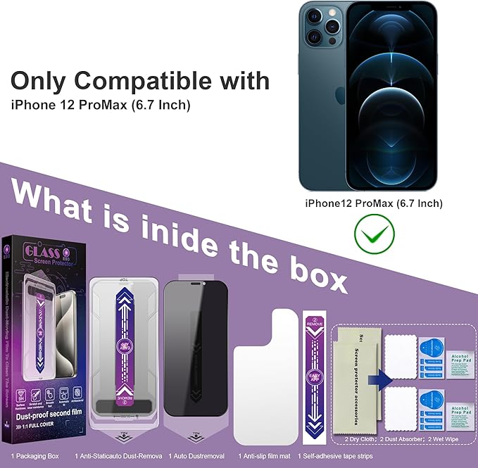 CHISHA 2-Pack Privacy Screen Protector for iPhone 12 Pro Max 6.7-Inch, Auto Dust Removal, No Bubbles,Anti-Spy Tempered Glass Film, Easy Installation