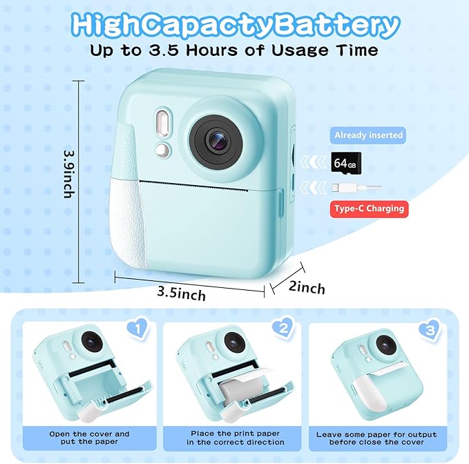 Kids Camera Instant Print Color Photos, Dual-Lens Instant Print Camera for Kids, Toddler Portable Travel Digital Camera Toy for 6 7 8 Year Old Boys Girls Christmas Birthday Gifts 64GB Card