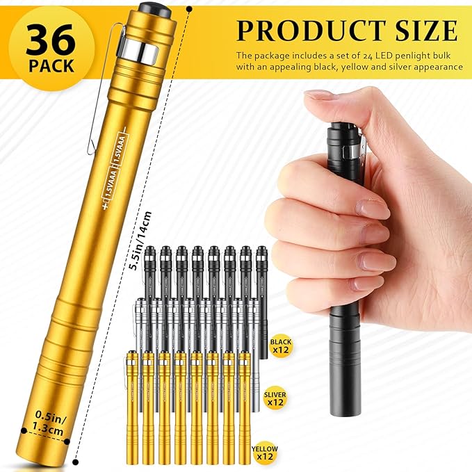 36 Pack Mini Pen Flashlights Bulk Gifts LED Pen Lights Aluminum Pocket Flashlights with Clips Small Handheld Torches for Men Camping Hiking Emergency Outdoor (Multicolor)