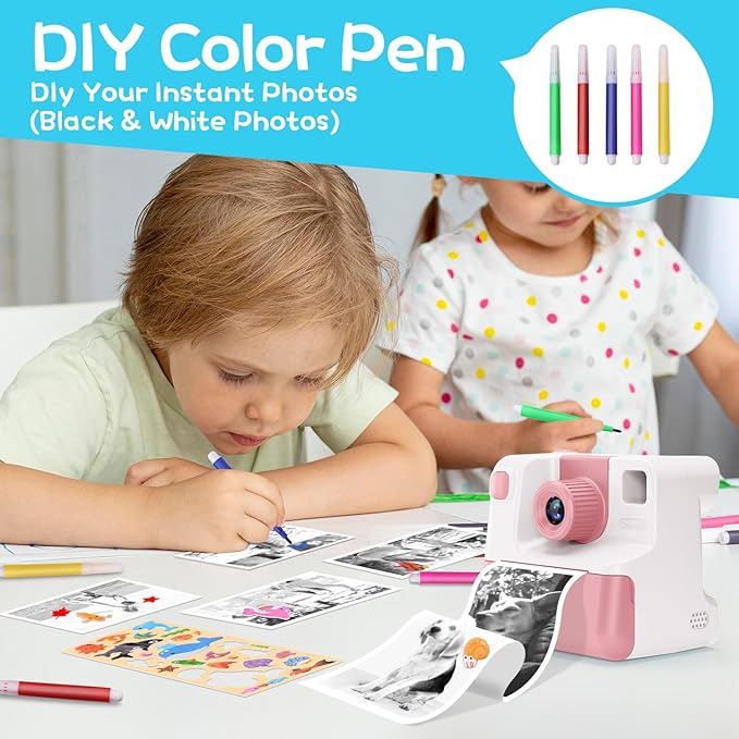 Kids Camera Instant Print, Christmas Birthday Gifts for Girl Boys 3-12 Years Old, FHD Selfie Digital Video Cameras Toddler 3 Rolls Print Paper & 32G Card (Retro, Pink-White)