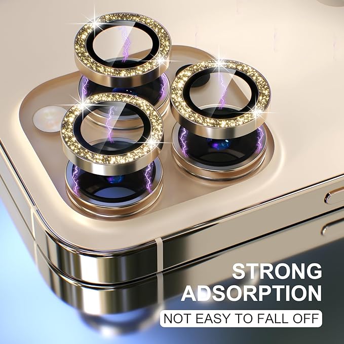 Choiche Compatible for iPhone 13 Pro/iPhone 13 Pro Max Camera Lens Protector Bling, 9H Tempered Glass Camera Cover Screen Protector Metal Ring Decoration Accessories (Glitter-Gold)