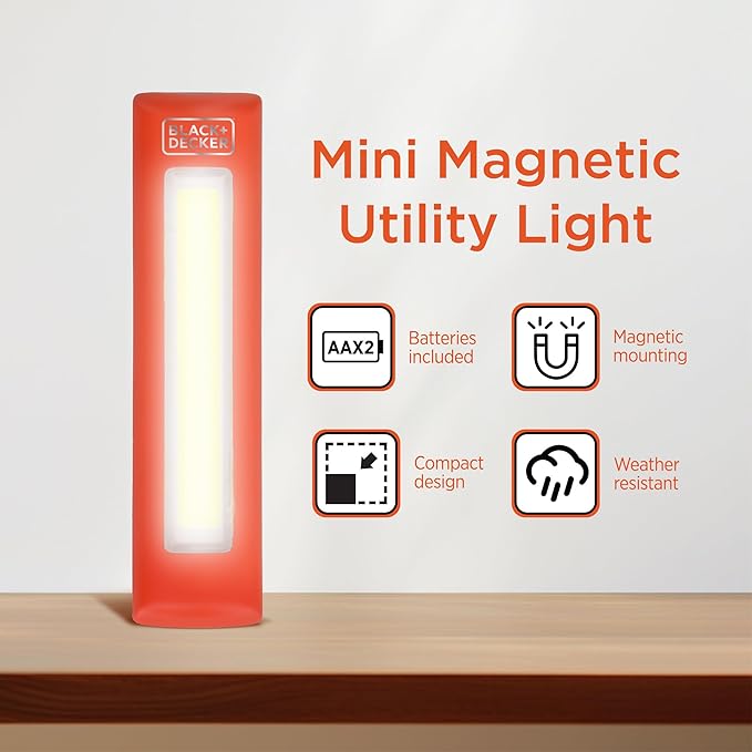 BLACK+DECKER LED Work Light 2-Pack, 300 Lumens AA Battery-Powered Utility Light, 3 Brightness Levels & SOS Mode, 2 Magnet Mounts, Pocket Clip, Lightweight & Portable, Weather Resistant, 10 Hour Power