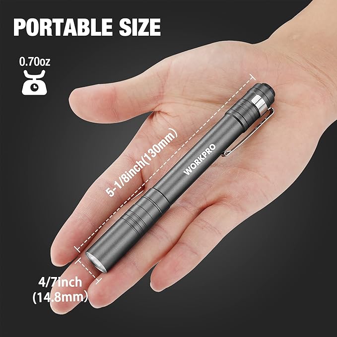 WORKPRO LED Pen Light, Aluminum Pen Flashlights, Pocket Flashlight with Clip for Inspection, Emergency, Everyday, 2AAA Batteries Include, Gray(4-Pack)