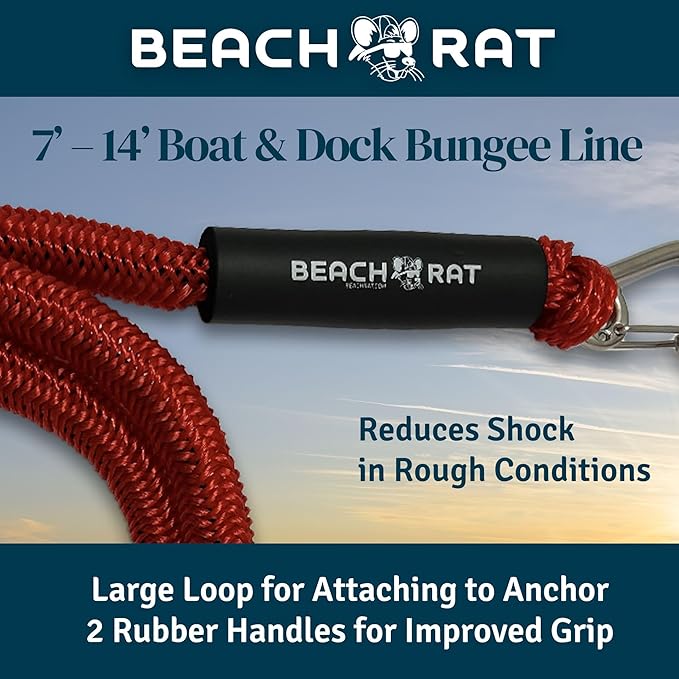 Beach Rat 7-14’ Bungee Boat Anchor & Dock Line with Stainless Steel Clip – Reduces Shock to Anchors, Docks, Cleats & Pylons – Boat Rope That Stretches – Beach Rat Anchor Accessory (Red)