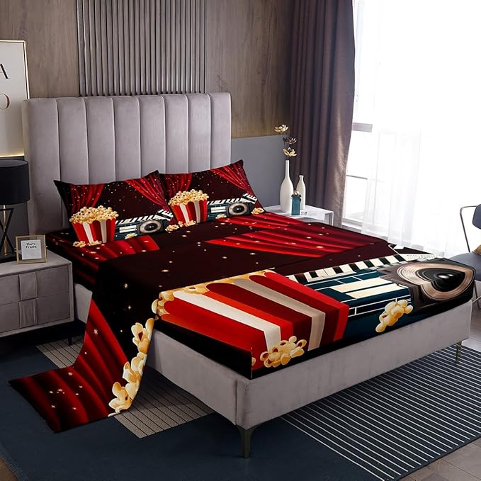 Erosebridal Movie Themed Sheet Set Full Size Home Theater Decor Bed Sheets Set for Boys Girls Family Movie Film Sheets Film Lover Modern Fitted Sheet Vintage Theater Decor Flat Sheet