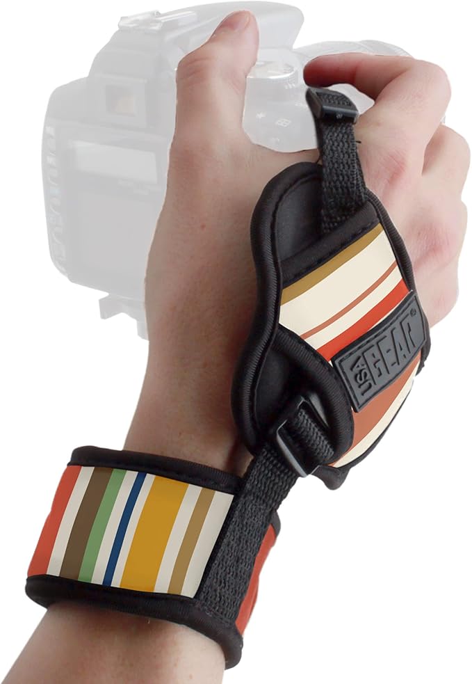 USA Gear DualGRIP Professional Grip Camera Hand Strap with Neoprene Design and Metal Plate - Compatible with Canon, Fujifilm, Nikon, Sony, and more DSLR, Mirrorless, Point & Shoot Cameras (Striped)