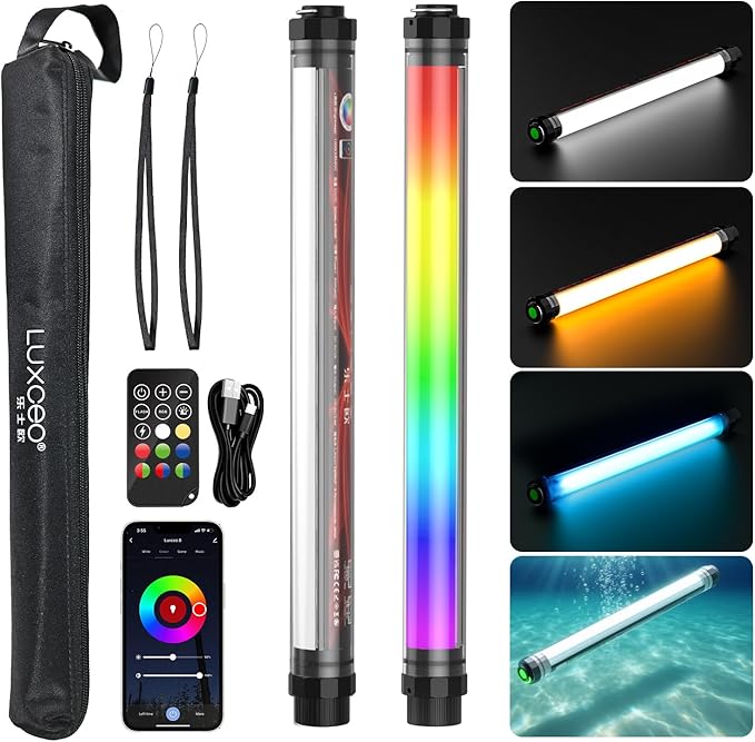RGB LED Photography Light 10400mAh Battery Powered Tube Light Waterproof IP68 Full Color RGB Portable Lighting Wand Stick for Video Recording Studio, 12 Lighting Modes, 3000K 6000K CRI95+