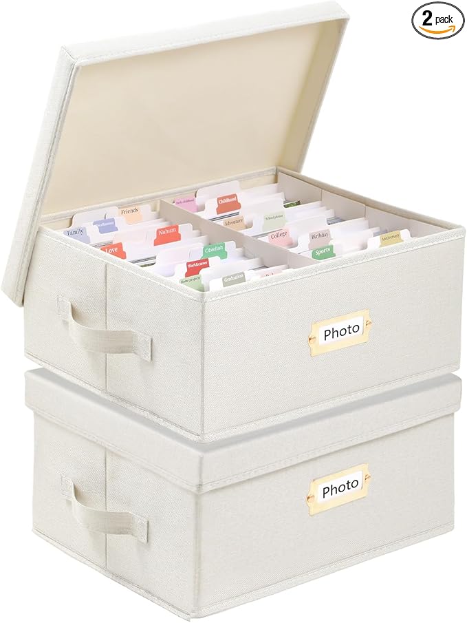 Aokeyee 2PC Photo Storage Box - Decorative Linen Memory Organizer for 4x6 Pictures, Keepsake Box with Dividers & Labels, Holds 1700+ Photos