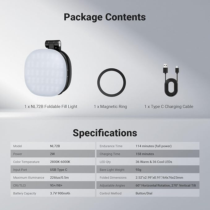 NEEWER Basics Magnetic Selfie Light Compatible with MagSafe iPhone, 2W Bi Color Small LED Phone Fill Ring Lighting CRI95+ with 360° Swivel, Mirror for Makeup Video Conference Recording, NL72B Black