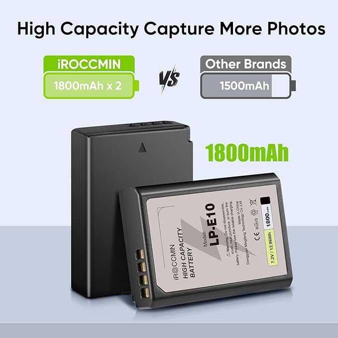 2Pcs LP-E10 Battery, 1800mAh Battery for Canon EOS Rebel T3 T5 T6 T7, Kiss X50 X70 T100, EOS 1100D 1200D 1300D 1500D 2000D 3000D 4000D Digital Cameras