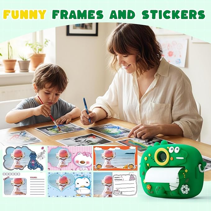 Kids Instant Print Camera with Dinosaur Silicone Cover,1080P HD Digital Video Cameras for Kids with Print Paper & SD Card,Christmas Birthday Gifts for Girls Boys 3-10 Years (Green)
