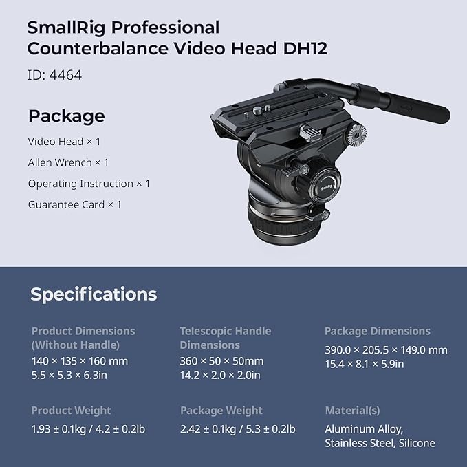 SmallRig DH12 Professional Fluid Video Head with 6-Step Counterbalance Dynamic, Step-Less Damping Adjust on Pan/Tilt, Dual-Mode QR Plate, Weight 1.9kg / 4.2lb, Load up 8kg / 17.6lb - 4464