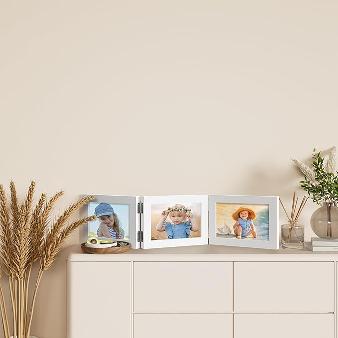 decorUhome Triple 7x5 Picture Frame Horizontal, Engineered Wood Trifold Photo Frame with Plexiglass for Tabletop Display, 7x5, White