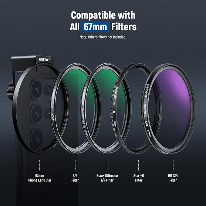 NEEWER 67mm CPL Filter with Cold Shoe Phone Lens Clip, HD Polarizing Filter with Pouch & Cleaning Cloth Compatible with iPhone 17 16 15 Pro Max Plus Samsung Galaxy S25 Ultra Camera