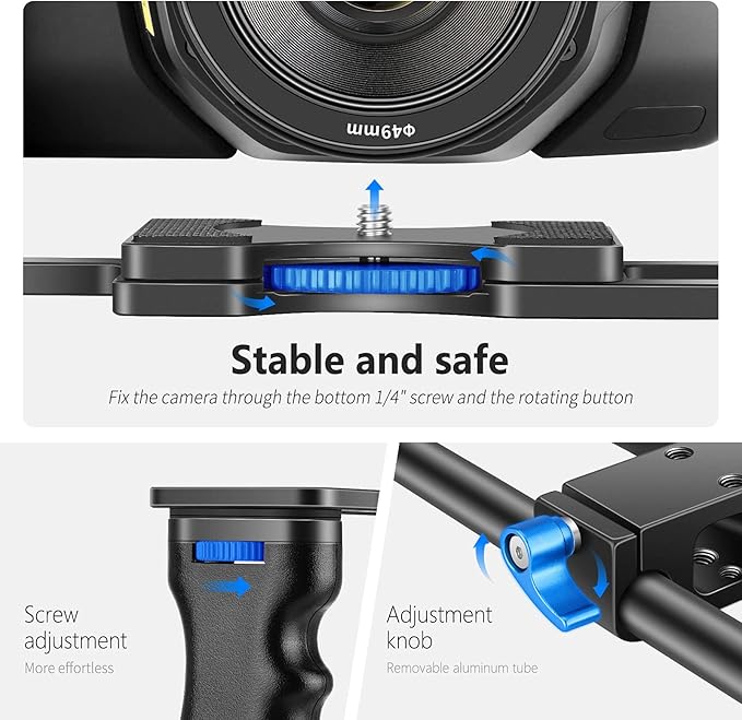 NEEWER Camera Video Cage Film Movie Making Kit, Aluminum Alloy with Top Handle, Dual Hand Grip, Two 15mm Rods, Compatible with Canon Sony Fujifilm Nikon DSLR Camera and Camcorder (Black + Blue)