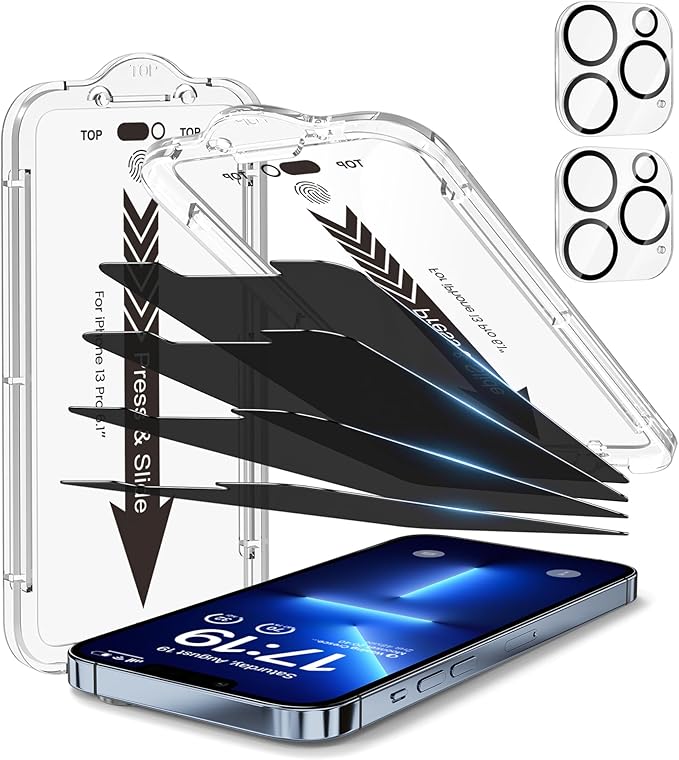 EZ-GLAZ-4+2 Pack for iPhone 13 Pro Privacy Screen Protector[6.1 inches] With Camera Lens Protector, [Drop Protection] 9H Hardness Full Coverage Anti-Spy Tempered Glass Film, Easy to install