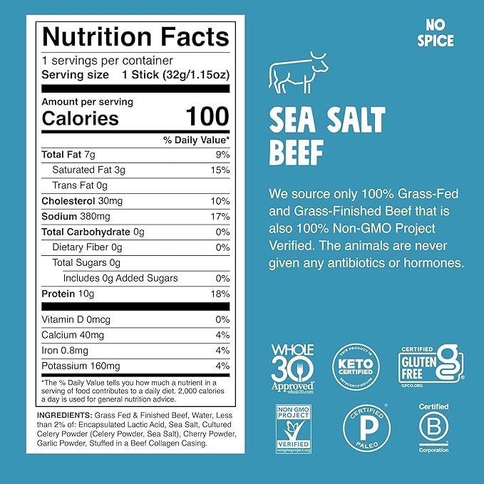 Chomps Grass-Fed and Finished Sea Salt Beef Jerky Snack Sticks 10-Pack - Keto, Paleo, Whole30, 10g Lean Meat Protein, Gluten-Free, Zero Sugar Food, Non-GMO