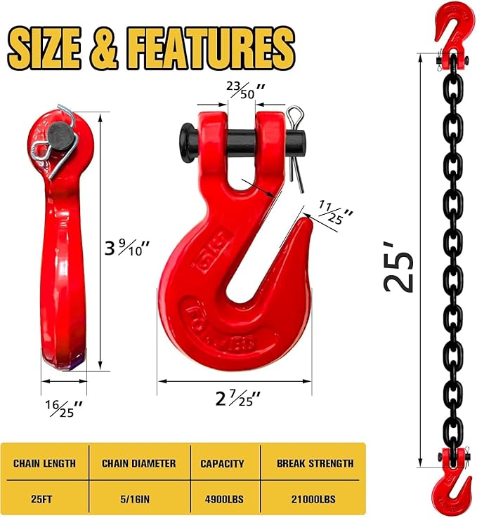 5/16" Binder Chain,25FT Trailer Safety Chains with Clevis Grab Hooks, 4:1 Safety Factor, 4,900 lbs Safe Working Load | Heavy Duty Chain for Towing,Transporting,Logging(EP Black)