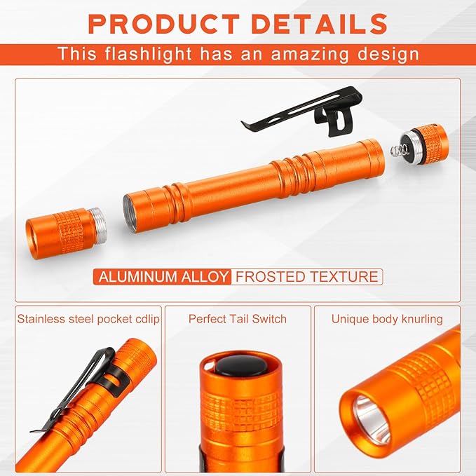 Hortsun 20 Pcs Mini Pen Light Flashlights Christmas Gifts for Men Pocket Flashlights Pen with Clip Small LED Handheld Slim Torches Without Battery(5.12 Inch,Orange)