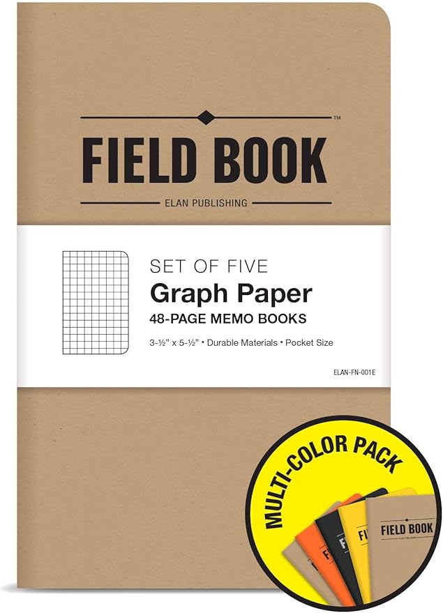 Elan Publishing Company Field Notebook/Pocket Journal - 3.5"x5.5" - Combination of Kraft, Black, Orange, Yellow - Graph Memo Book - Pack of 5