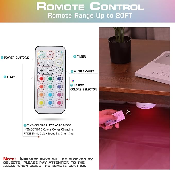 EverBrite Puck Lights with Remote, Wireless LED Puck Lights Battery Operated, 13 RGB Colors Changing Under Cabinet Lights, Dimmable Closet Lights with Timer, Battery Included (6-Pack)