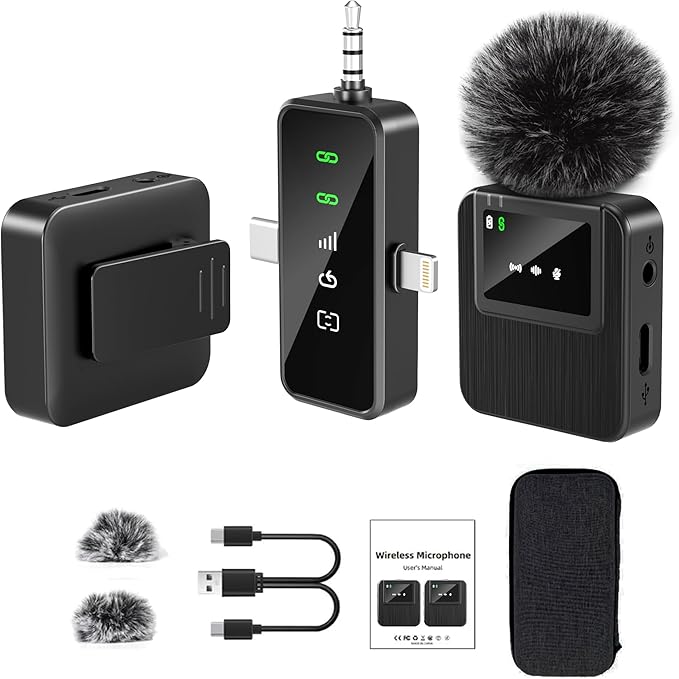 3-in-1 Mini Microphone for iPhone, Android, Camera - 328ft Long Range, 20H Battery Life, Wireless Microphones, Lapel Mic with AI Noise Reduction for Video Recording, YouTube, TikTok