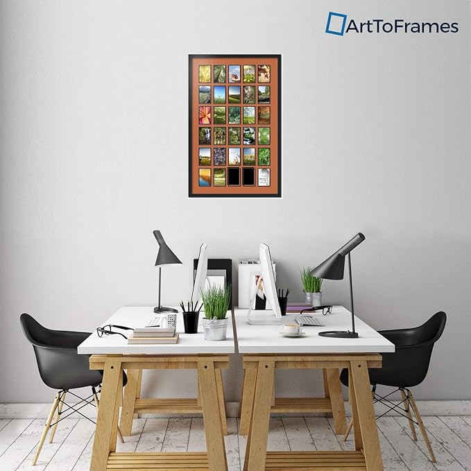 ArtToFrames Collage Photo Frame Double Mat with 30-4x6 Openings with Satin Black Frame and Red Orange mat.