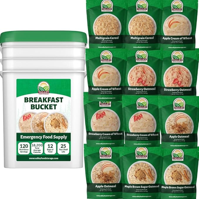 120 Serving Breakfast Bucket | Premium Emergency Food Supply | Easy Prep Survival Food 25 Year Shelf Life | Camping Food, Backpacking Meals, Prepper Supplies | Valley Food Storage Packaged in USA