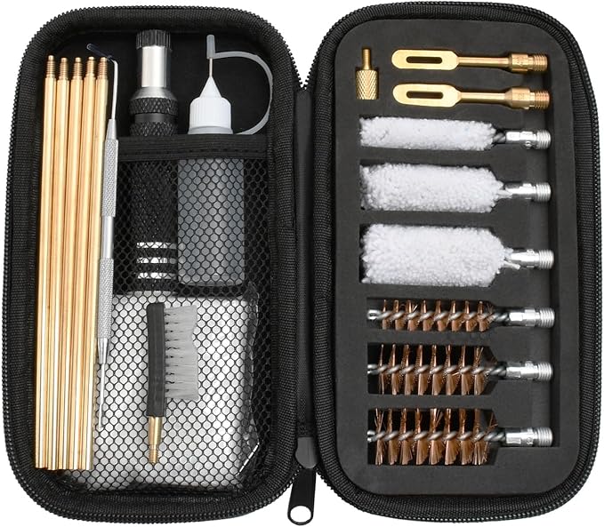 Shotgun Cleaning Kit for 12, 20, 410 Gauge Bronze Brushes, Brass Adaptor, Cotton Mops, Cleaning Pick, Patch Holder, Patches, Nylon Brush Head, Empty Oil Bottle