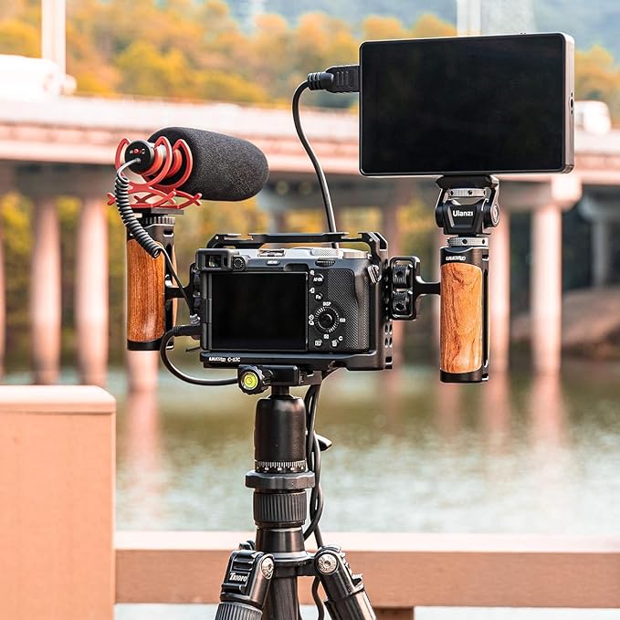 R075 Wooden Handle Grip Left Right Compatible for Sony A6400 A6600 A7III A7IV Nikon Canon Panasonic Camera Cage, for iPhone/Smartphone Video Rig Video-graphy Accessories Mobile Filming 1/4" Bracket