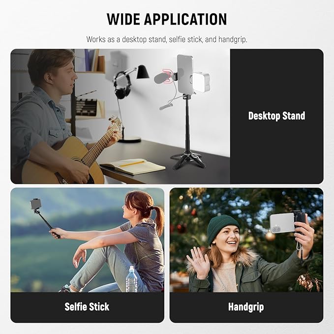 NEEWER Selfie Stick with Detachable Bluetooth Remote Shutter, Lightweight Foldable Travel Tripod for iPhone for YouTube/TikTok Vlogs Live Streaming Photography, Black, P15