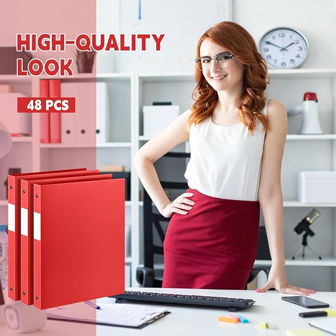 Henoyso 48 Pcs 3 Ring Binder 1/2'' Round Fits Letter Size 8.5'' x 11'' Paper Plastic Flexible Binder Holds 140 Sheets with 1 Pockets Versatile Organizer for Home Office School (Red)
