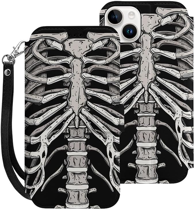 Skeleton Ribcage Bone Flip Leather Phone Case Compatible with iPhone 15/15 Plus/15 Pro/15 Pro Max