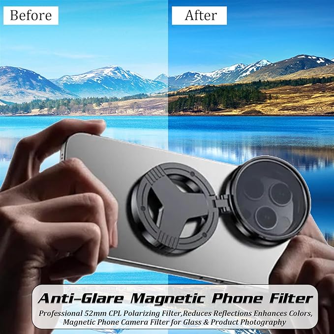 Anti-Glare Magnetic Phone Filter, Professional 52mm CPL Polarizing Filter, Reduces Reflections Enhances Colors, Magnetic Phone Camera Filter for Glass & Product Photography (1PCS)