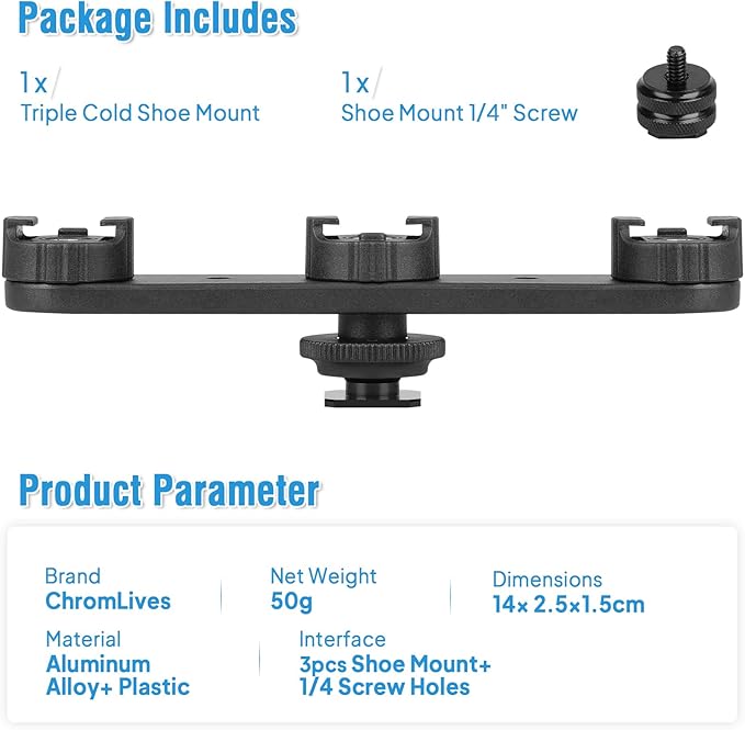 ChromLives Triple Cold Shoe Extension Mount Hot Shoe Base Adapter Extension Bar Bracket with 1/4 Screw for Tripod/Microphone/LED Light Compatible with Canon Sony Cameras…