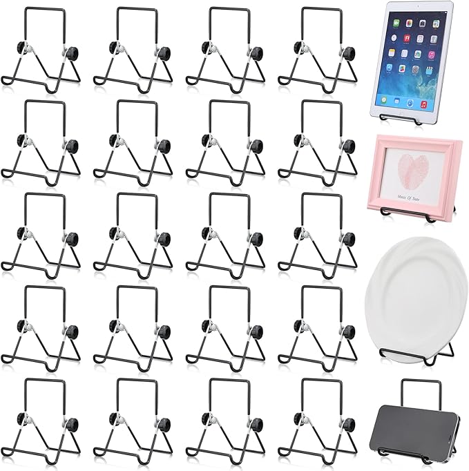 Kenning 24 Pack Book Stand, Foldable Picture Holders for Tables, 3.54'' X 5.12'' Metal Plate Stands for Display Photo Easel Cutting Board Record Frame Holder (Black)