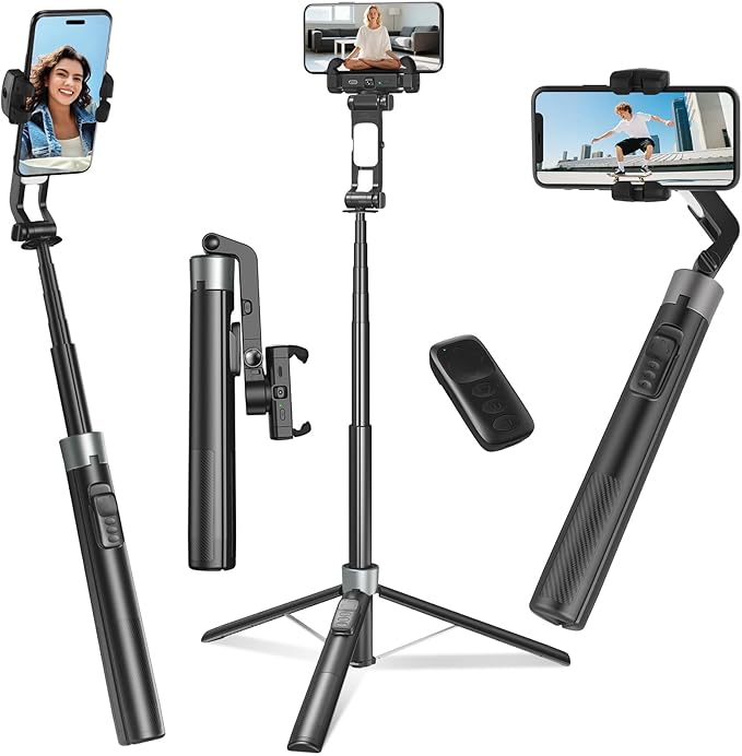 Gimbal Stabilizer for iPhone and Android, Auto Face Tracking Tripod 360 Rotation, Selfie Stick with Gimbal Stabilizer, 71” Phone Stabilizer with Remote Control & Light for Vlog Video Recording