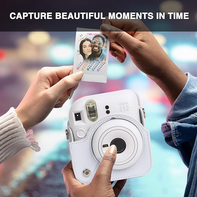 CAIYOULE Camera Case for Fujifilm Instax Mini 12 Instant Film Camera, Retro Leather Protective Camera Crossbody Bag for Fuji Mini 12 with Photo Album, Adjustable Shoulder Strap, Clay White-No Camera