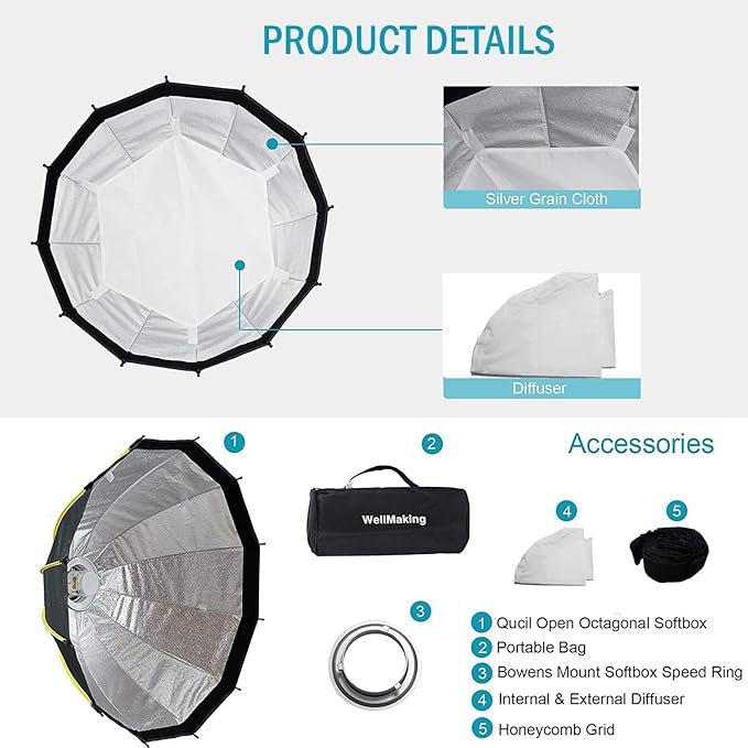WELLMAKING 25.6inch/65cm Parabolic 16K Softbox Quick Set up and Folding, with Diffusers/Honeycomb Grid/Bag,Compatible with Bowens Mount Light for Portrait or Product Photography Studio Flash Monolight