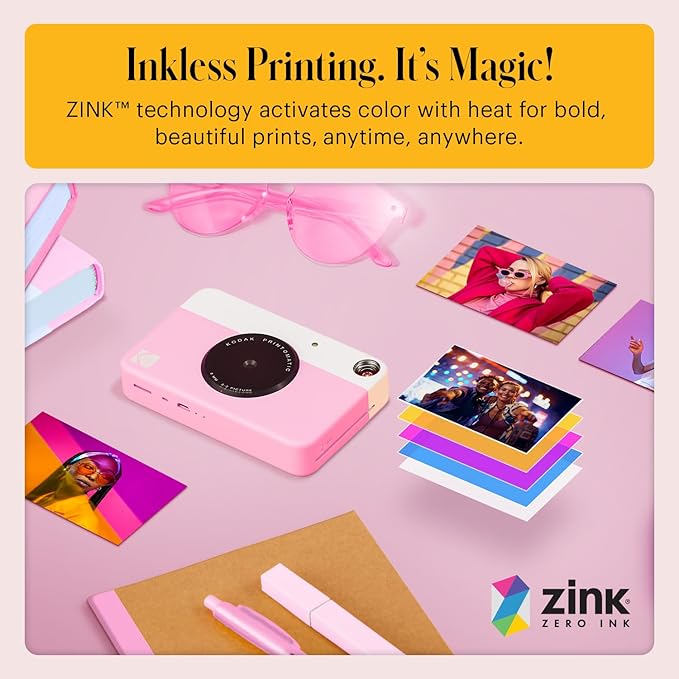Kodak Printomatic Full-Color Instant Print Digital Camera - 75 Sheets Bundle - Prints On Zink 2x3 Sticky-Back Photo Paper - 5MP, Portable, Creative Fun Gift for Birthday, Christmas, Holiday - Pink