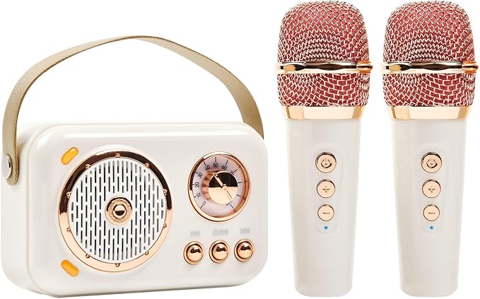 Retro Bluetooth Karaoke Speaker with Dual Wireless Microphones - Portable Rechargeable 1200mAh Battery, 10W HD Sound & 6 Voice Modes for Home Parties, Kids Gifts, Travel, Car Singing(White)