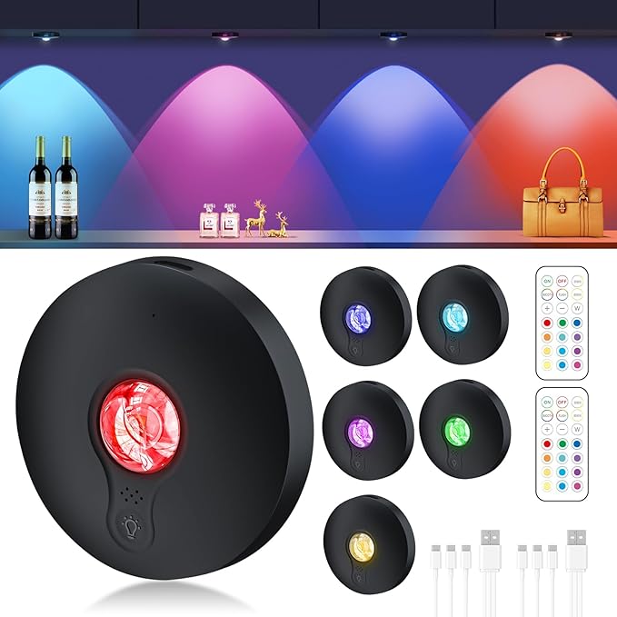 Rechargeable RGB Puck Lights with Remote Control,2000mAh High Capacity Battery Operated RGB Cabinet Lighting,Dimmable Tap Stick On& Magnetic Mount Wireless Closet Light for Kitchen Counter,Shelve