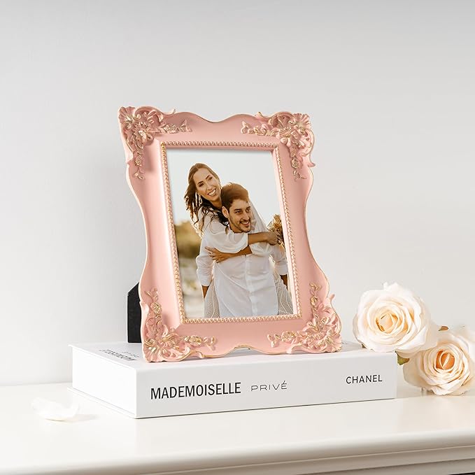Axeman Vintage 5x7 Pink Picture Frames | 5 x 7 Antique Picture Frame with Real Glass | Ornate 5x7 Picture Frame for Wall & Tabletop Display | Retro Pink 5 x 7 Photo Frame