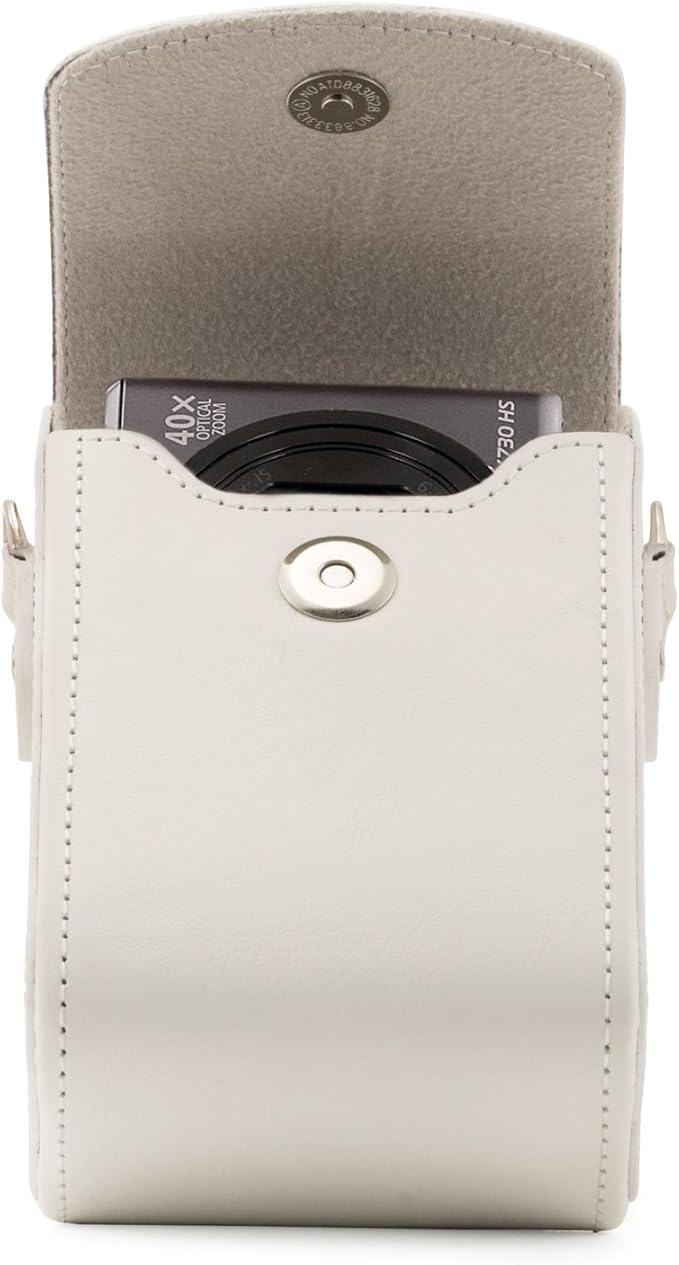MegaGear Leather Camera Case with Strap compatible with Sony Cyber-shot DSC-RX100 V, Panasonic Lumix DMC-ZS45, DMC-ZS50, Nikon Coolpix P340, Canon PowerShot S120, Nikon Coolpix L28, White (MG1417)
