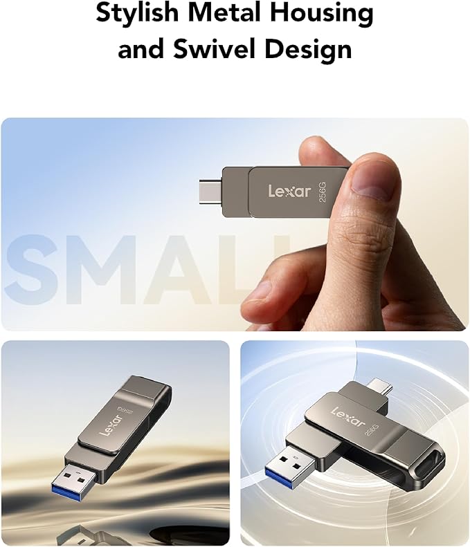 Lexar D40E 256GB Dual USB 3.2 Gen 1 Type-C Jump Drive, USB-C Flash Metal Housing Swivel Design Thumb Drive (Titanium Grey)