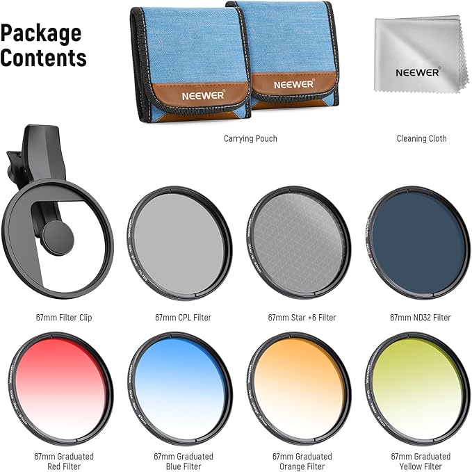 NEEWER 67mm ND Filter Set Compatible with iPhone, 7 Pack Clip On CPL Circular Polarizing + ND32 + Starlight + GND (Red/Orange/Yellow/Blue) Phone Camera Lens Photography Accessories Kit, FL-P12
