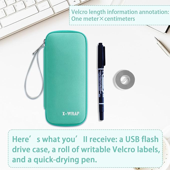 VNEIRY 12-Slot USB Drive Organizer w/Velcro Labels & Quick-Dry Marker - Peel & Stick Anywhere! Secure Case for Thumb/Jump Drives | Fits Most USB Sticks | 12-Capacity | Green